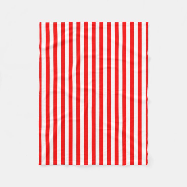 Red and White Medium Size Vertical Stripes Fleece Blanket (Front)