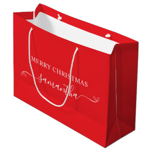 Red and White Merry Christmas Bow Signature Name Large Gift Bag