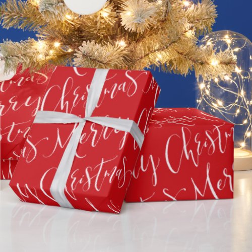 Red And White Merry Christmas Calligraphy Holiday Wrapping Paper