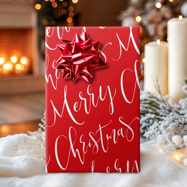 Red And White Merry Christmas Calligraphy Holiday Wrapping Paper (Red And White Merry Christmas Calligraphy Holiday Wrapping Paper)