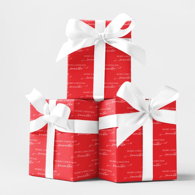 Red and White Merry Christmas Cute Bow Name Wrapping Paper Sheets (Red and White Merry Christmas Cute Bow Name Wrapping Paper Sheets)