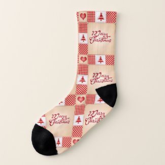 Red and White Merry Christmas Gingham Pattern Socks