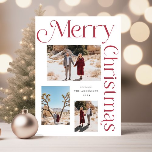 Red and White Merry Christmas Modern Type Photo Holiday Card