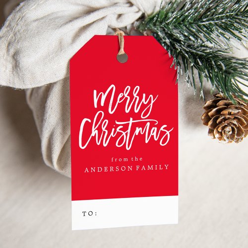 Red and White Merry Christmas Script Holiday Gift Tags