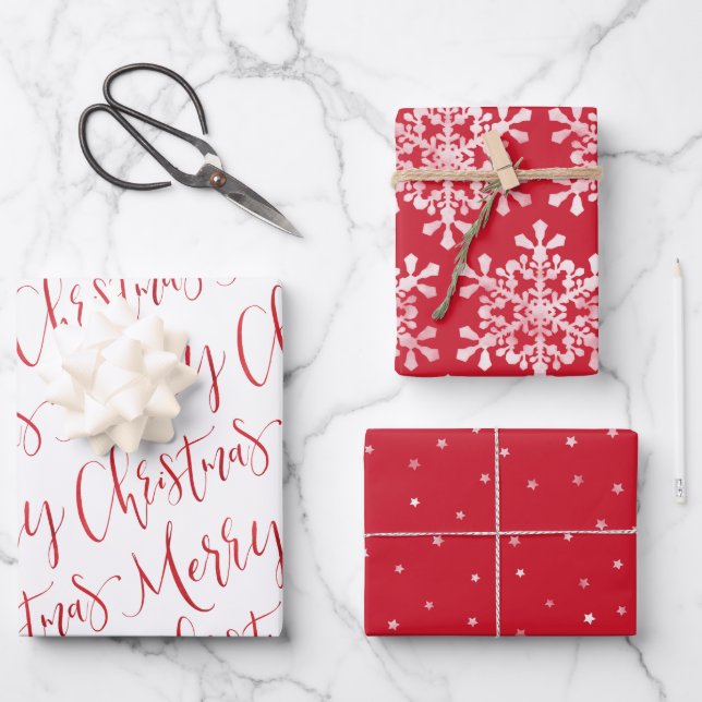 Red And White Merry Christmas Snowflakes star Wrapping Paper Sheets (Front)