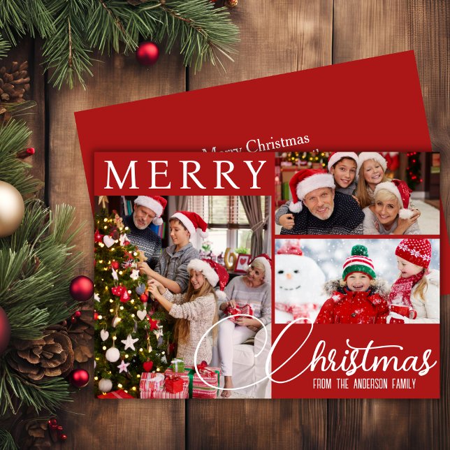 Red And White Merry Christmas Three Photo Festive Holiday Card (Red And White Merry Christmas Three Photo Festive Holiday Card)