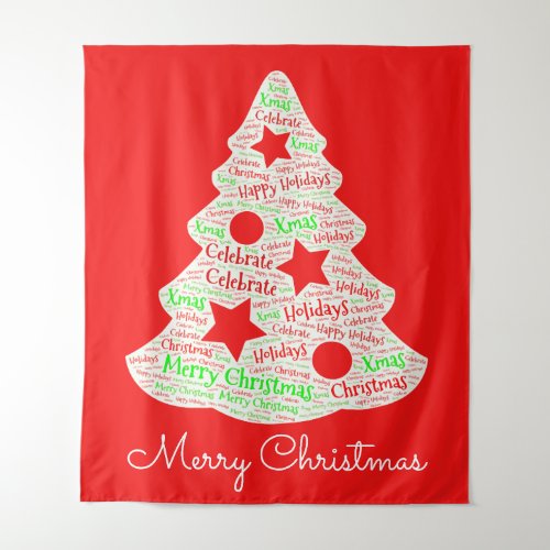 Red and White Merry Christmas Word Art Tree Tapestry