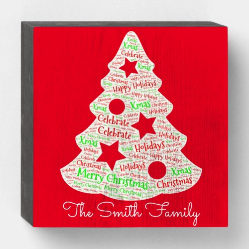 Red and White Merry Christmas Word Art Tree Wooden Box Sign