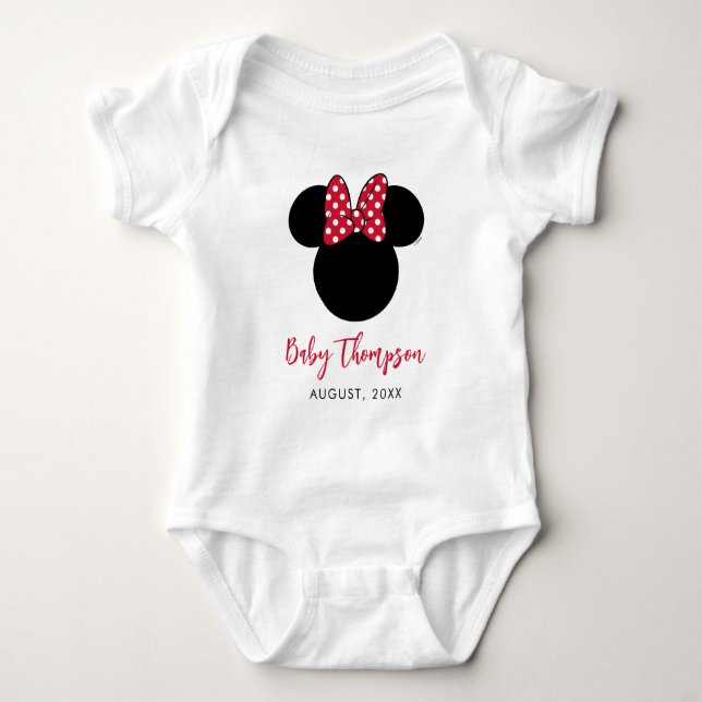 Red and White Minnie | Baby Announcement with Date Baby Bodysuit (Front)