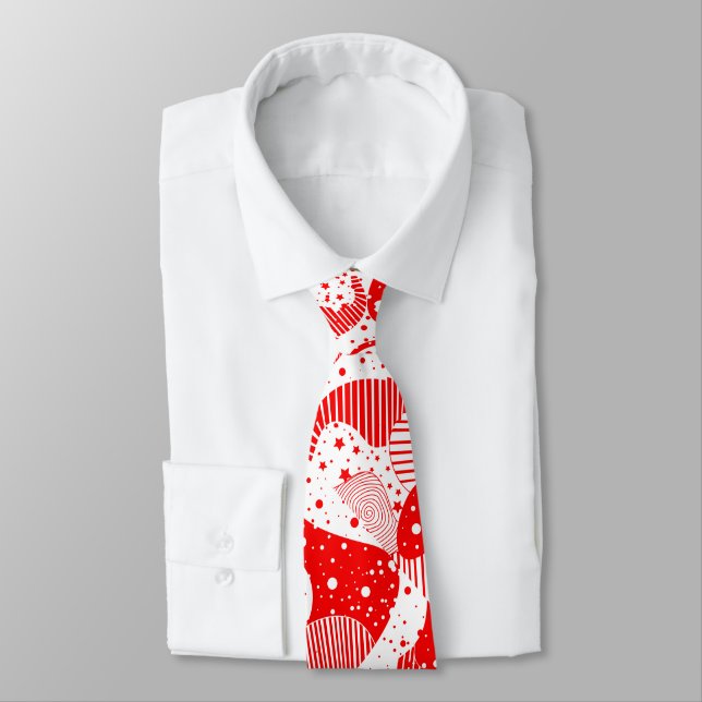Red And White Modern Abstract Geometric Art Neck Tie (Tied)