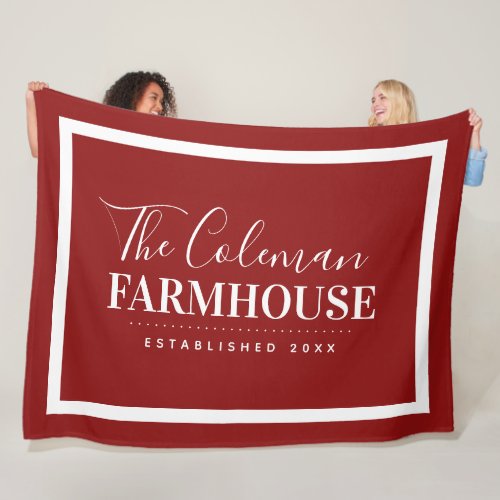 Red and White Modern Farmhouse Family Monogram Fleece Blanket