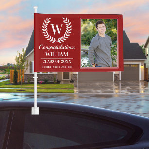 Red and White Modern Monogram Graduation Photo Car Flag