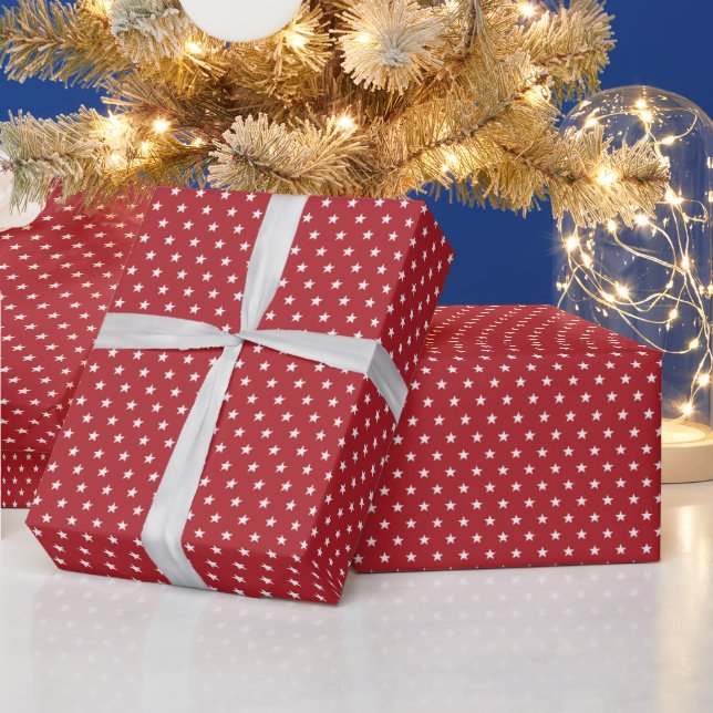 Red and White Modern Stars White Christmas Wrapping Paper (Holidays)