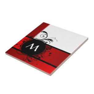 Red and white monogram ceramic tile