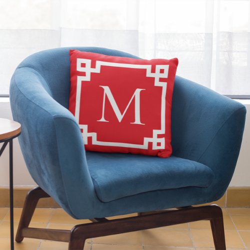 Red and White Monogram Greek Key Border Throw Pillow