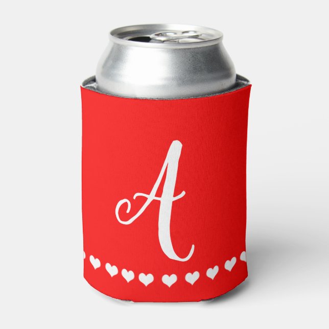 Red and White Monogram Initial  Can Cooler (Can Front)