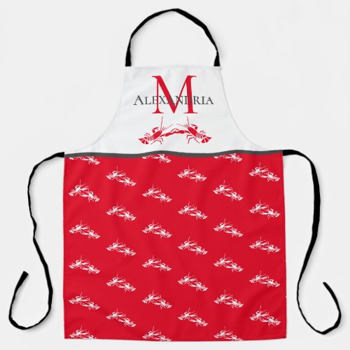 Red and White Monogram Name Lobster Pattern  Apron