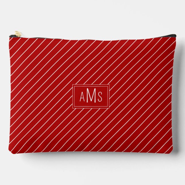 Red and White Monogram Stripes Accessory Pouch (Front)