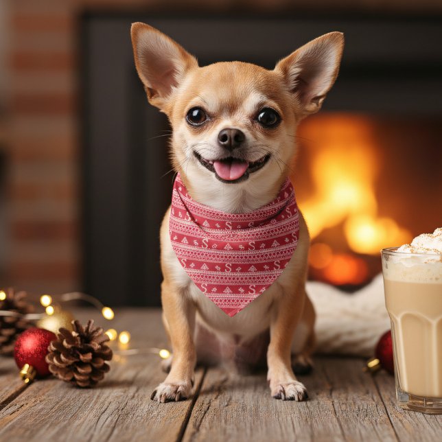 Red and White Monogrammed Christmas Dog Bandana (A festive red and white dog bandana of your best friend. Image generated by ai (artwork made by me))