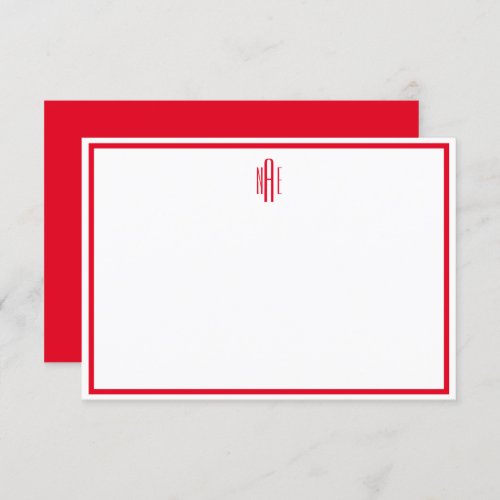 Red and White Monogrammed Flat Note Card