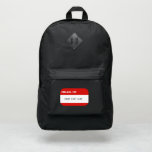 Red and White Name Tag Graphic Custom Text Port Authority® Backpack<br><div class="desc">This black backpack features an illustration on the front pocket of a classic name tag or name badge sticker label in red and white. The "write-in" area is ready to be personalized with your name or funny saying in black handwriting style lettering.</div>
