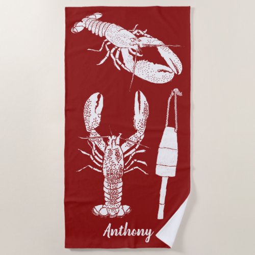 Red and White Nautical Lobster Collage Beach Towel