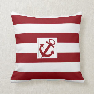 Red and White Nautical Stripe with Anchor Throw Pillow