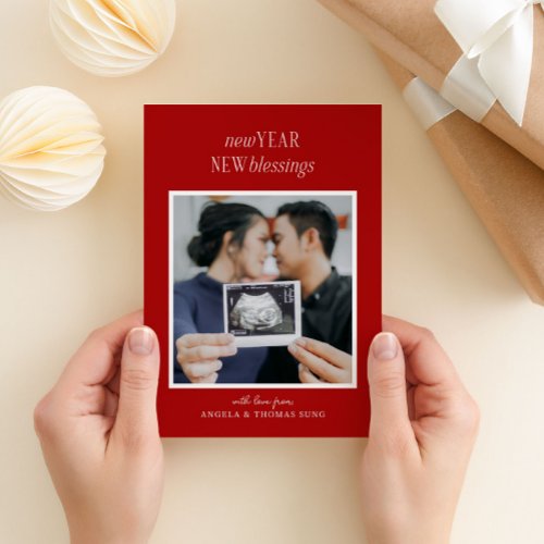 Red and White New Year New Blessings Pregnancy Holiday Card