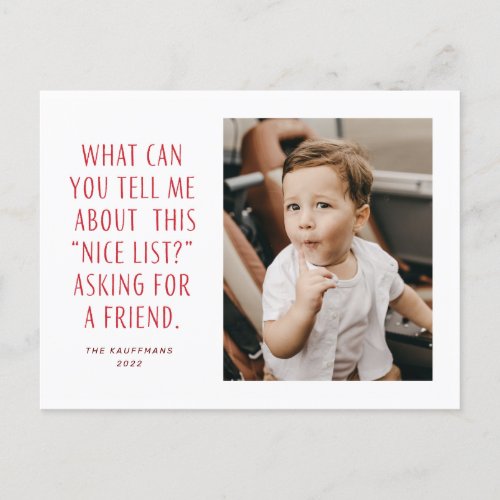 Red and White Nice List Asking for a Friend Funny Holiday Postcard