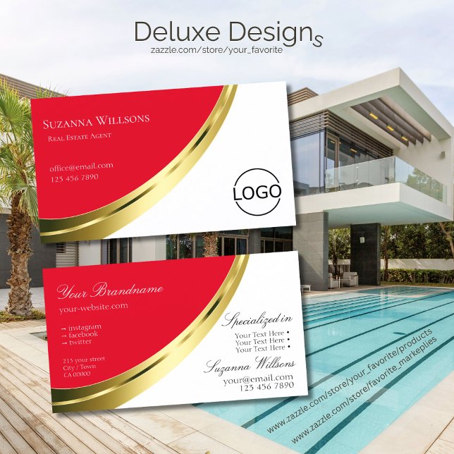 Red and White Noble Gold Decor with Logo Business Card (Creator Uploaded)