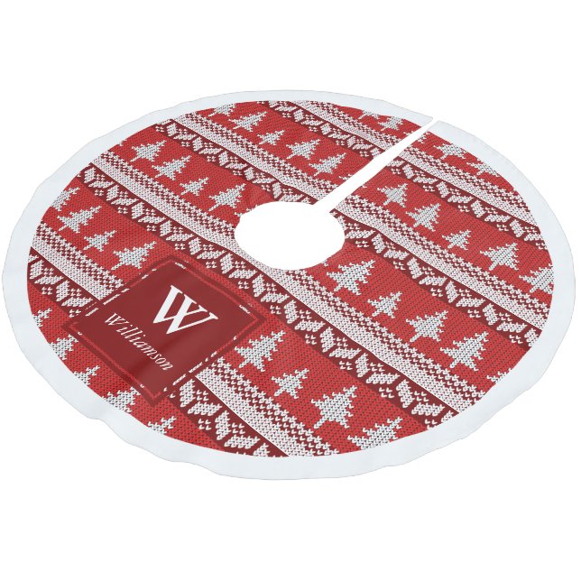 Red and White Nordic Alpine Fir Trees Family Name Brushed Polyester Tree Skirt (Angled)