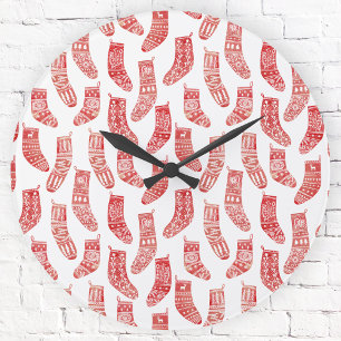 Red and White Nordic Christmas Stockings Round Clock