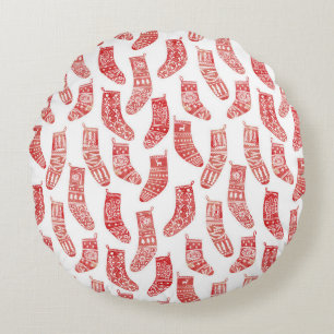 Red and White Nordic Christmas Stockings Round Pillow