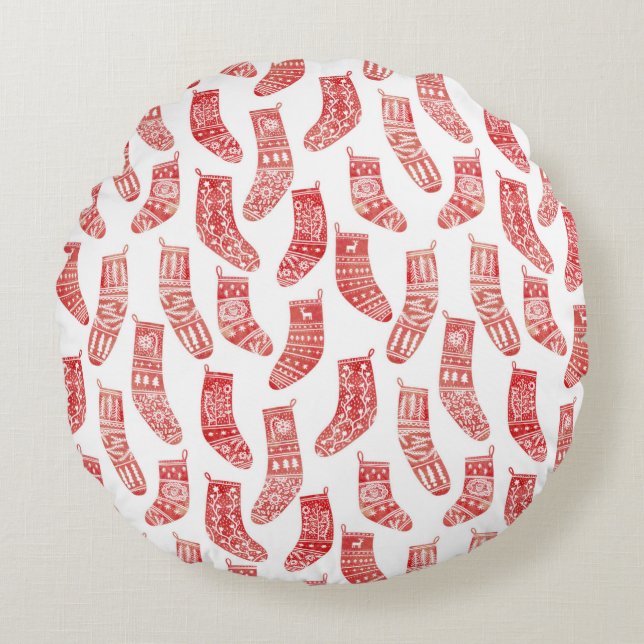 Red and White Nordic Christmas Stockings Round Pillow (Front)
