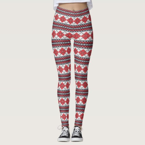 Red and White Nordic Fair Isle Argyle Leggings