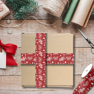 Red and White Nordic Heart Christmas Tree Grosgrain Ribbon