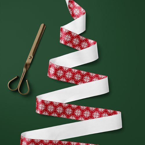 Red and White Nordic Snowflake Pattern Satin Ribbon