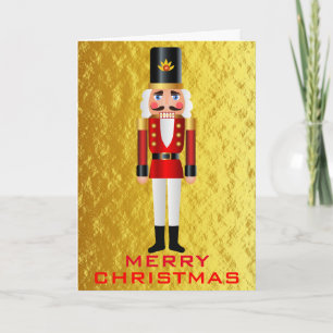 Red and White Nutcracker on Faux Gold Personalize Holiday Card