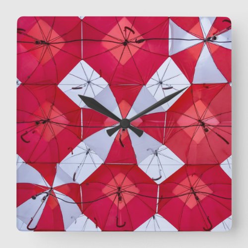 Red and White Open Umbrella Ceiling Square Wall Clock