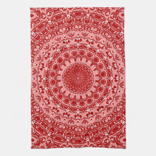 Red and White Ornamental Mandala Pattern Kitchen Towel