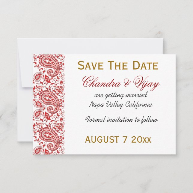 Red and white paisley Save the date wedding (Front)