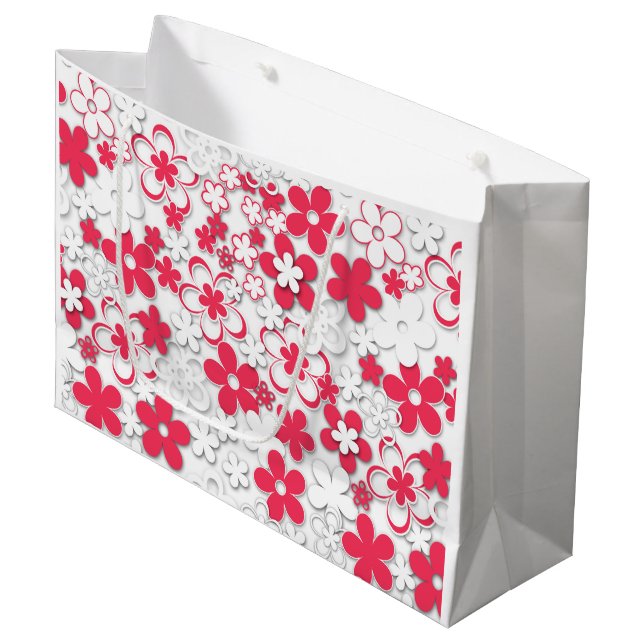 Red and white paper flowers large gift bag (Front Angled)