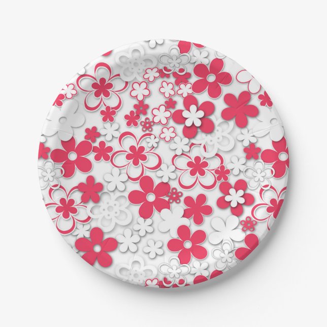 Red and white paper flowers paper plates (Front)