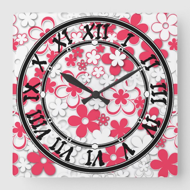 Red and white paper flowers square wall clock (Front)