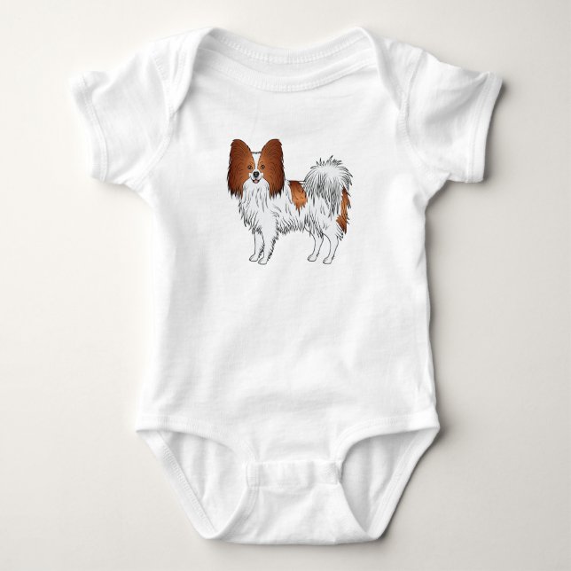 Red And White Papillon Cartoon Dog Illustration Baby Bodysuit (Front)