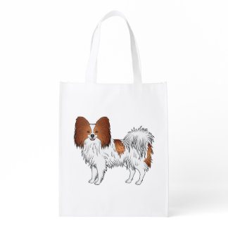 Red And White Papillon Cartoon Dog Illustration Grocery Bag