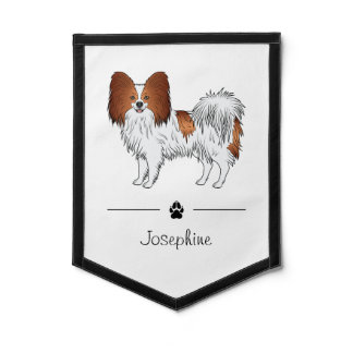 Red And White Papillon Cartoon Dog With Name Pennant