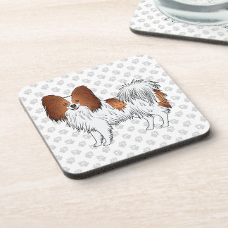 Red And White Papillon Cartoon Dog With Paws Beverage Coaster
