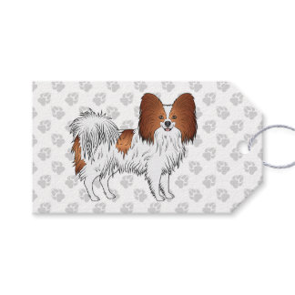 Red And White Papillon Cartoon Dog With Paws Gift Tags