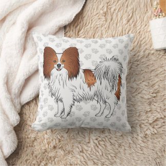Red And White Papillon Cartoon Dog With Paws Throw Pillow